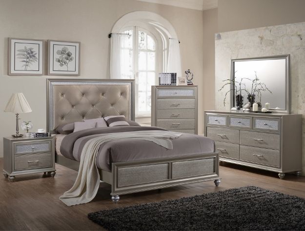 Crown Mark Lila Modern Champagne 5 Piece Queen Upholstered Panel Bedroom Set-0