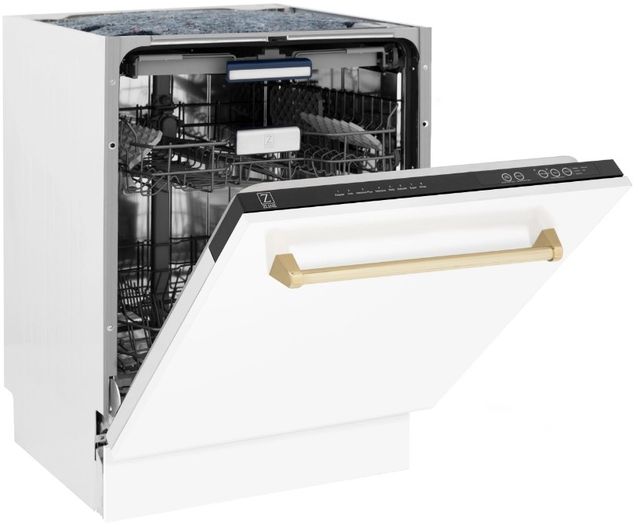 ZLINE Autograph Edition Tallac 24" White Matte Top Control Built In Tall Tub Dishwasher with Polished Gold Handle-3
