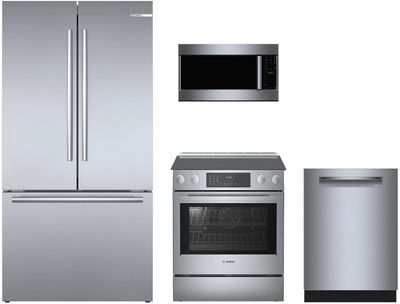 Front view of the Bosch 4 Piece Stainless Steel Kitchen Package