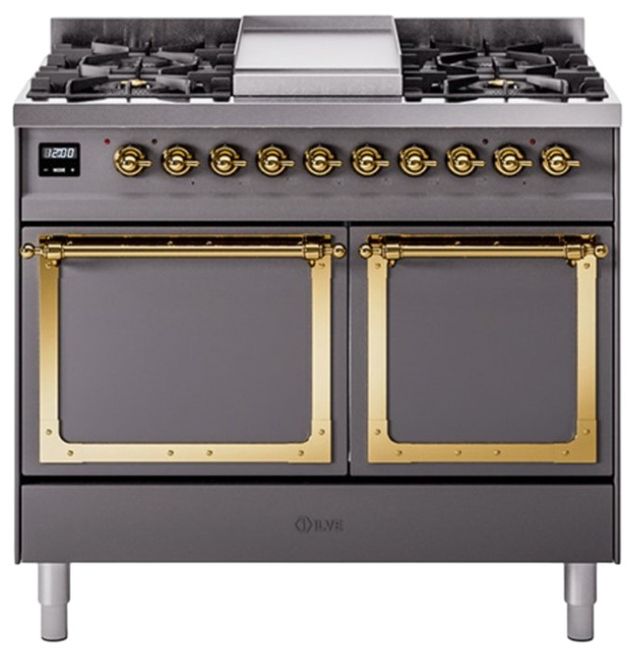 Ilve® Nostalgie II Noblesse 40'' Graphite Matte Pro Style Dual Fuel Range with Brass Trim-0