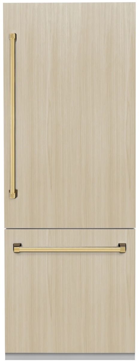 ZLINE Autograph Edition 30" 16.1 Cu. Ft. Panel Ready Built-In Bottom Freezer Refrigerator with Water Dispenser, Ice Maker, Graphite Gray Interior and Polished Gold Handles-0