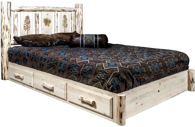 Montana Woodworks® Montana Collection Ready to Finish Queen Platform Storage Bed with Laser Engraved Pine Design-0