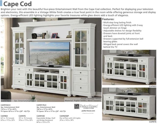 Parker House® Cape Cod Vintage White 63" TV Console-3