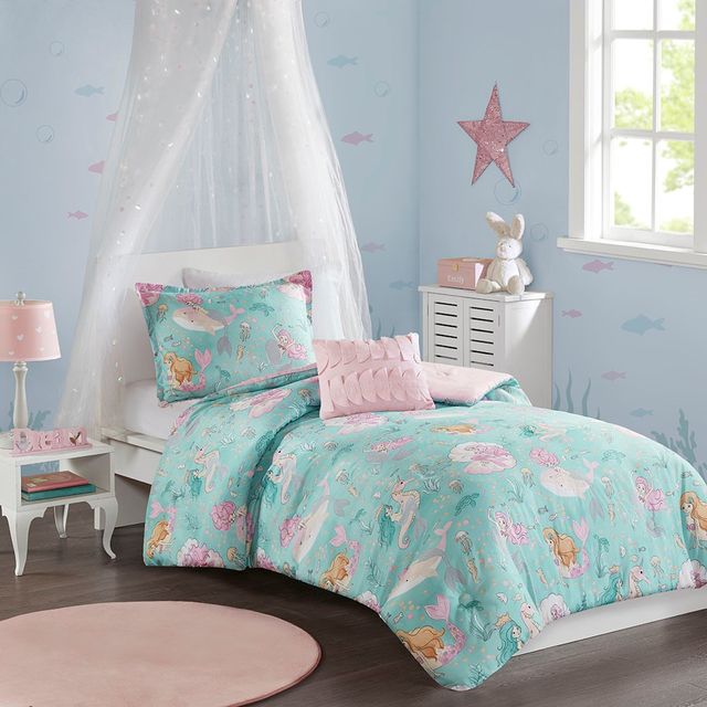 Olliix by Mi Zone Kids Darya Aqua and Pink Twin Printed Mermaid Comforter Set-1