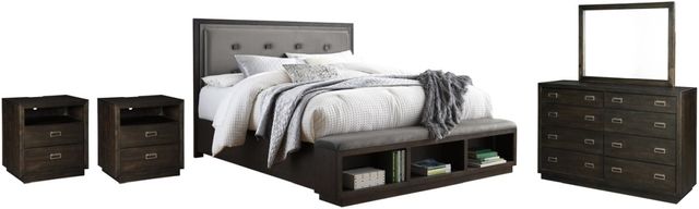 Signature Design by Ashley® Hyndell 5-Piece Dark Brown California King Upholstered Panel Storage Bed Set-0