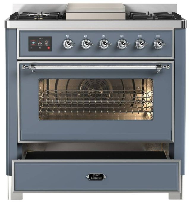 Ilve® Majestic III 36" Blue Gray Pro Style Dual Fuel Liquid Propane Range with Triple Glass Door and Chrome Trim-3