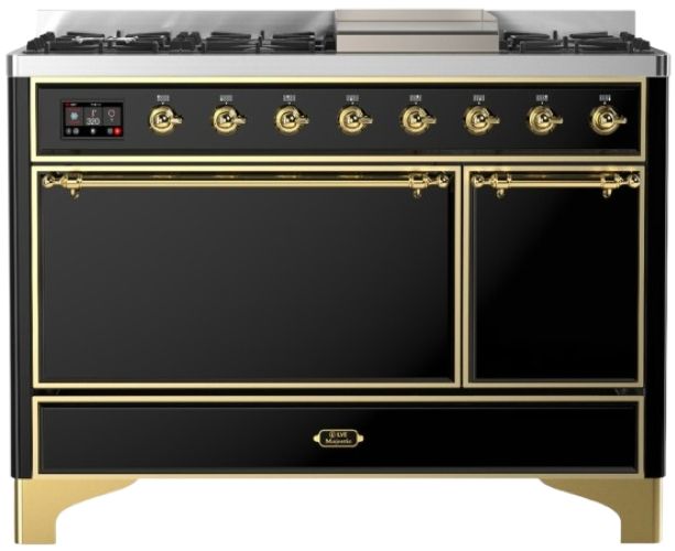 Ilve® Majestic III 48" Glossy Black Pro Style Dual Fuel Natural Gas Range with Solid Door and Brass Trim-0