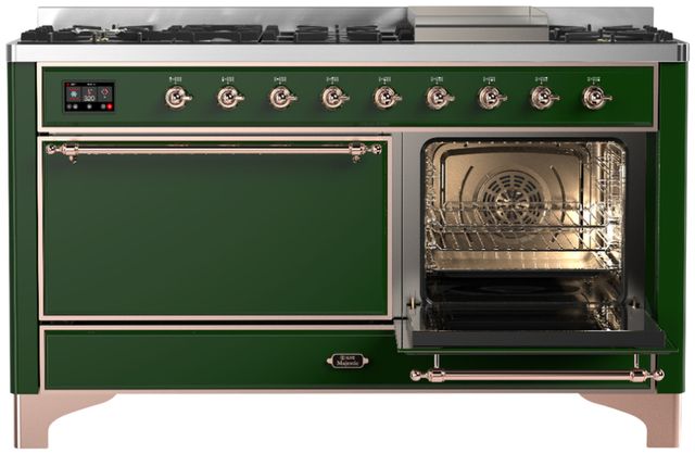 Ilve® Majestic III 60" Emerald Green Pro Style Dual Fuel Natural Gas Range with Solid Door and Copper Trim-3