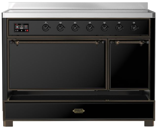 Ilve® Majestic III 48" Glossy Black Pro Style Induction Range with Solid Door and Burnished Trim-2