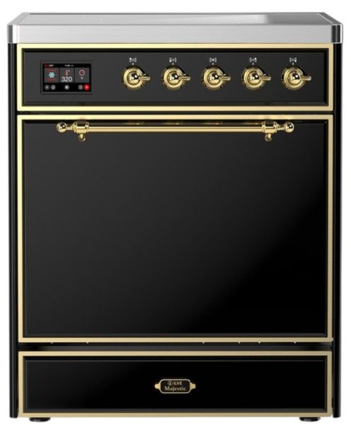Ilve® Majestic III 30" Glossy Black Pro Style Induction Range with Solid Door and Brass Trim-0