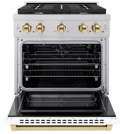 ZLINE Autograph Edition 30" Satin Stainless Steel Pro Style Gas Range with White Matte Door and Polished Gold Accents-1