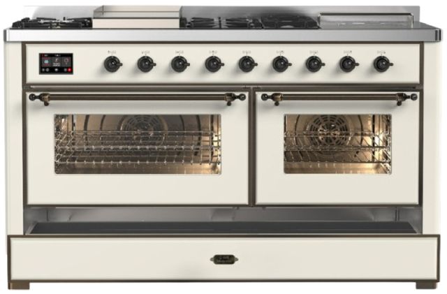 Ilve® Majestic III 60" Antique White Pro Style Dual Fuel Liquid Propane Range with French Top and Burnished Trim-2