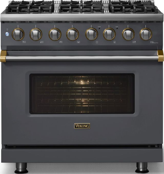 Viking® 5 Series 36" Cast Black Pro Style Dual Fuel (LP) Range with Brushed Brass Trim-2