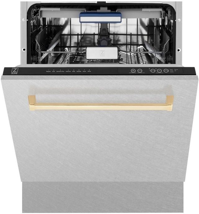 ZLINE Autograph Edition 24" Satin Stainless Steel Built In Dishwasher with Polished Gold Handle-1