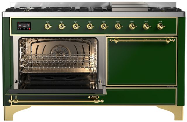 Ilve® Majestic III 60" Emerald Green Pro Style Dual Fuel Liquid Propane Range with Solid Door and Brass Trim-2