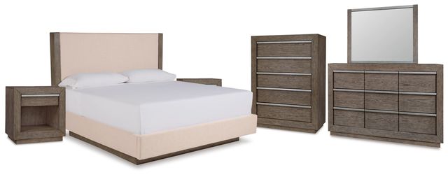 Benchcraft® Anibecca 6-Piece Weathered Gray Queen Upholstered Panel Bed Set-0