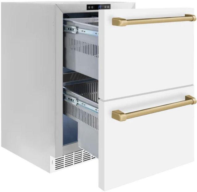 ZLINE Autograph Edition 24" Touchstone 168 Can Outdoor-Rated Dual Refrigerator Drawer with Matte White Doors and Polished Gold Handles-2