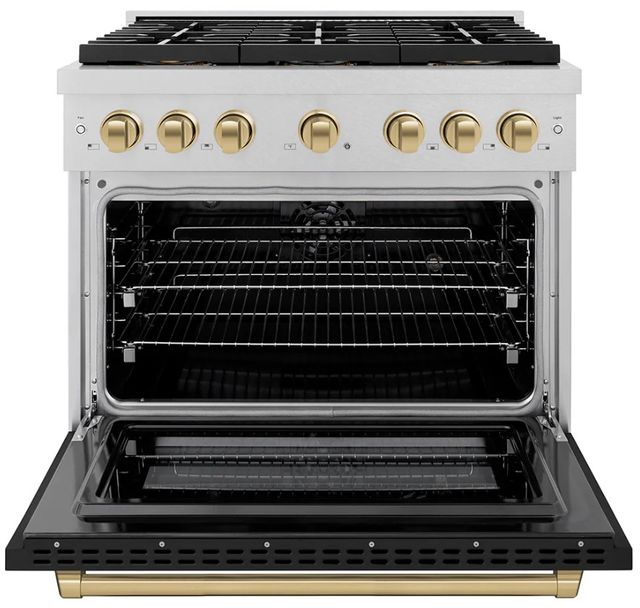 ZLINE Autograph Edition Paramount 36" 5.2 Cu. Ft. Satin Stainless Steel Dual Fuel Range with 6 Burner DuoPro™ Cooktop and Electric Convection Oven with Black Matte Door and Champagne Bronze Accents-3