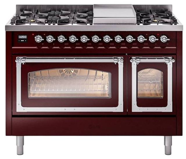 Ilve® Nostalgie II Noblesse 48'' Burgundy Pro Style Dual Fuel Range with Chrome Trim-0