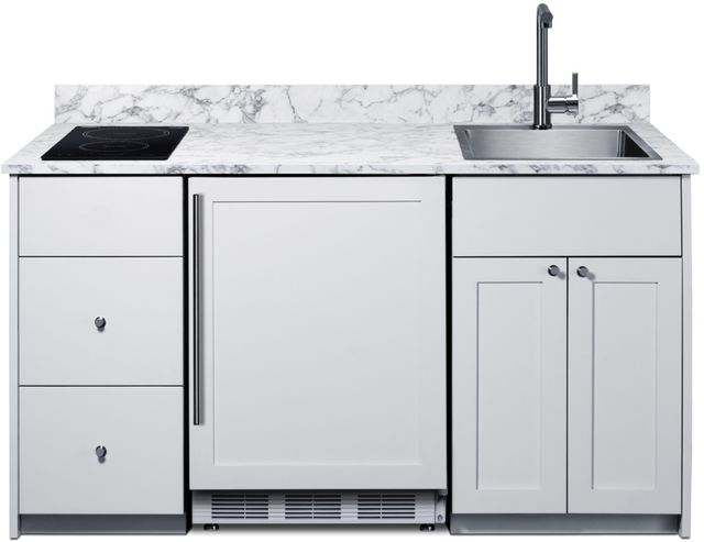 Summit® TurnKey Caldera Kitchen 63" White Kitchenette with 5 Cu. Ft. Under the Counter Refrigerator, Induction Cooktop, and Stainless Steel Sink with Faucet-1