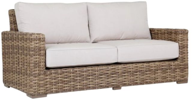 Sunset West Havana Aged Tobacco Resin Wicker Outdoor Loveseat with Canvas Flax Cushion-0