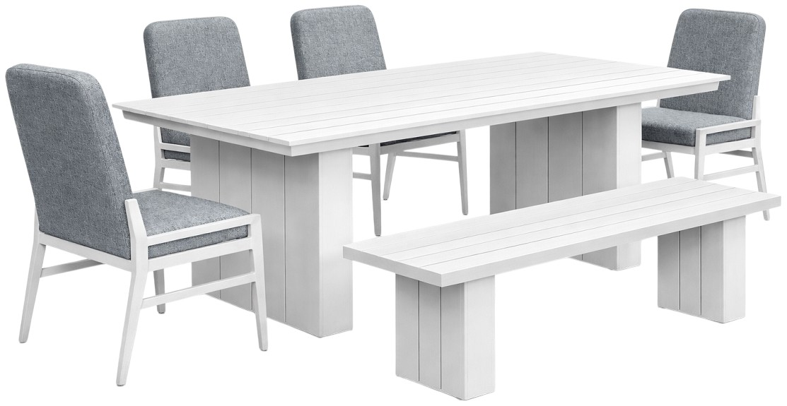Intercon Nash 6-Piece Buff Aluminum/Fabric Outdoor Dining Table Set with Bench and Upholstered Chairs