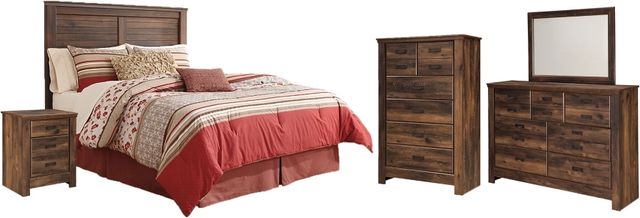 Signature Design by Ashley® Quinden 5-Piece Dark Brown Queen Panel Headboard with Mirrored Dresser, Chest and Nightstand Set-0