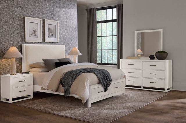 Vaughan-Bassett Lodge & Loft Ivory Cream/Soft White Upholstered King Panel Storage Bed-1