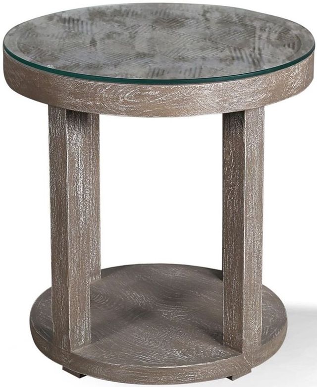 Parker House® Crossings Serengeti Sandblasted Glass Top Round End Table with Fossil Grey Base-1