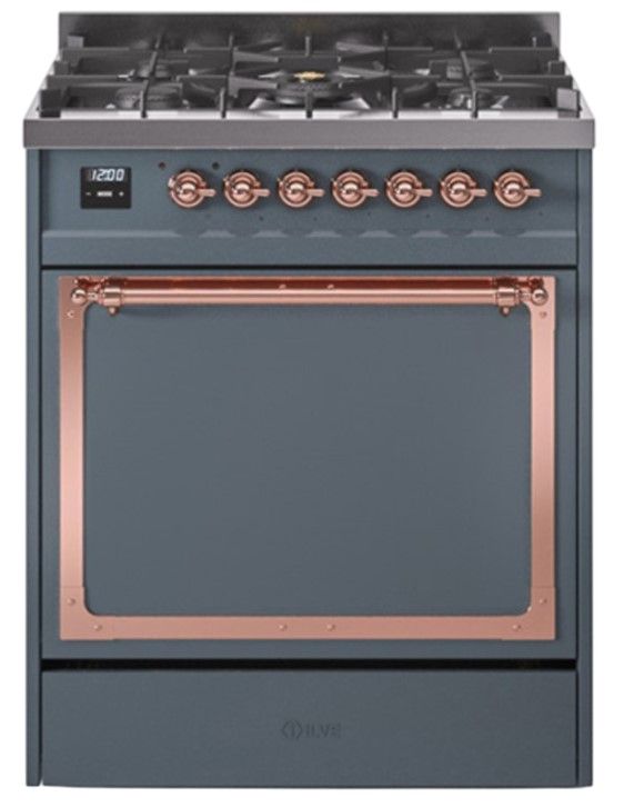 Ilve® Nostalgie II Noblesse 30'' Blue Gray Pro Style Dual Fuel Range with Copper Trim-0