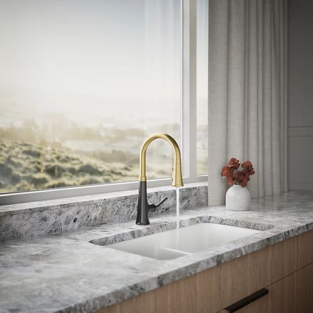KOHLER® Tone® Brushed Moderne Brass/Matte Black Kitchen Sink Faucet with 3-Function Sprayhead-2