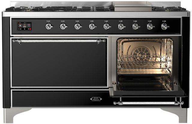 Ilve® Majestic III 60" Glossy Black Pro Style Dual Fuel Natural Gas Range with Solid Door and Chrome Trim-3
