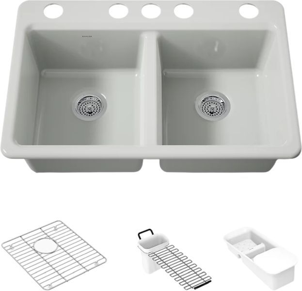 KOHLER® Riverby® Sea Salt 33" Undermount Double-Equal Bowl Workstation Kitchen Sink-0