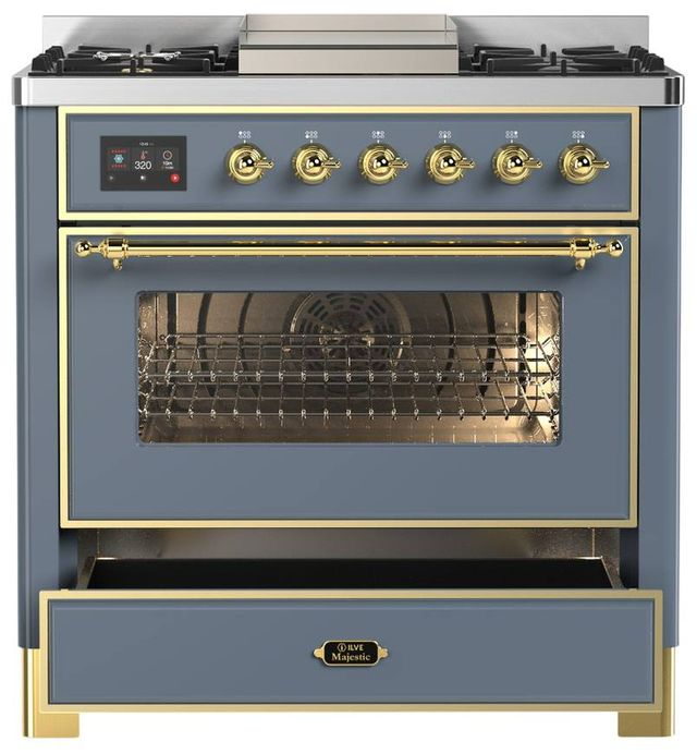 Ilve® Majestic III 36" Blue Gray Pro Style Dual Fuel Liquid Propane Range with Triple Glass Door and Brass Trim-3