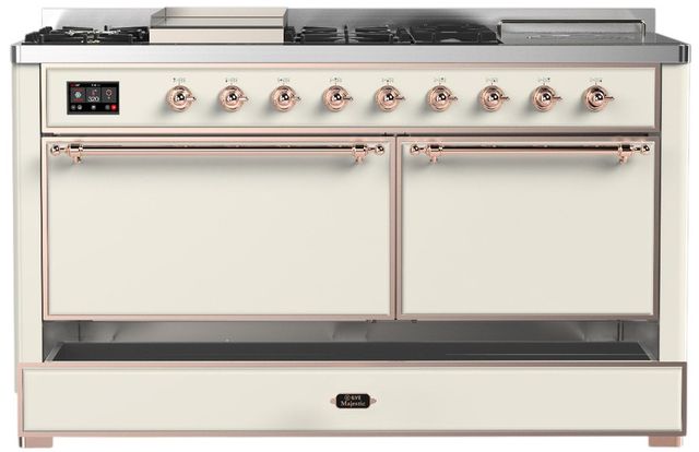Ilve® Majestic III 60" Antique White Pro Style Dual Fuel Liquid Propane Range with Griddle and Copper Trim-2