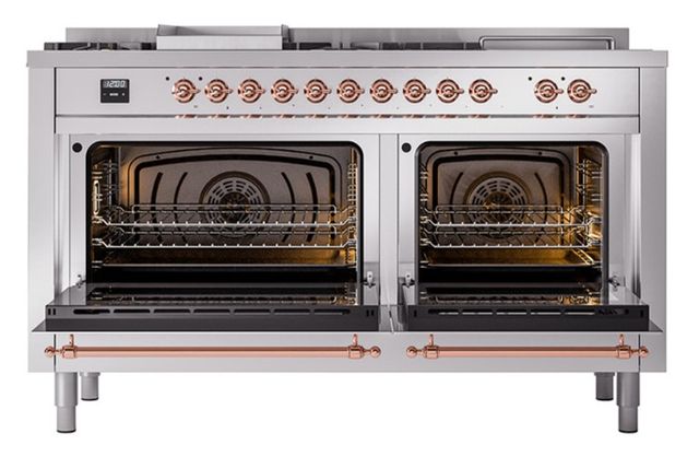 Ilve® Nostalgie II Noblesse 60'' Stainless Steel Pro Style Dual Fuel Range with Copper Trim-2