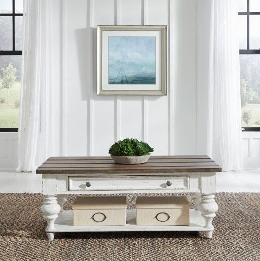Liberty Furniture River Place Tobacco Cocktail Table with Riverstone White Base-1