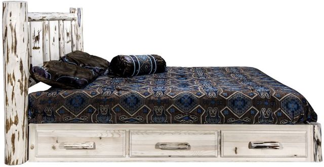 Montana Woodworks® Montana Collection Clear Lacquer King Platform Storage Bed with Laser Engraved Elk Design-2