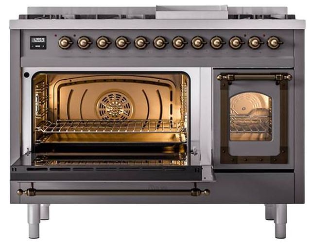 Ilve® Nostalgie II Noblesse 48'' Graphite Matte Pro Style Dual Fuel Range with Burnished Trim-3