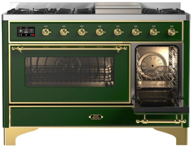 Ilve® Majestic III 48" Emerald Green Pro Style Dual Fuel Liquid Propane Range with Triple Glass Door and Brass Trim-2