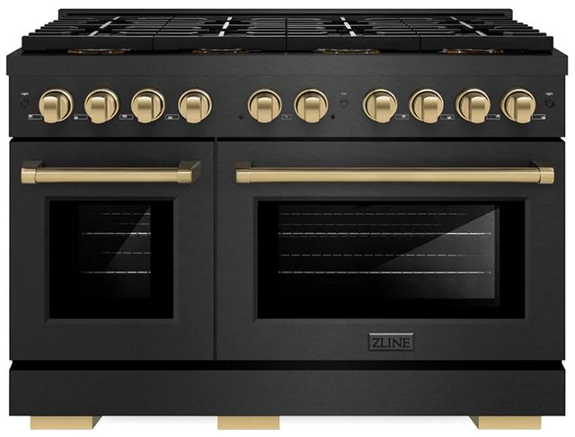 ZLINE Autograph Edition Paramount 48" 6.7 Cu. Ft. Black Satin Stainless Steel Gas Range with 8 Burner DuoPro™ Cooktop and Dual Oven with Champagne Bronze Accent-0