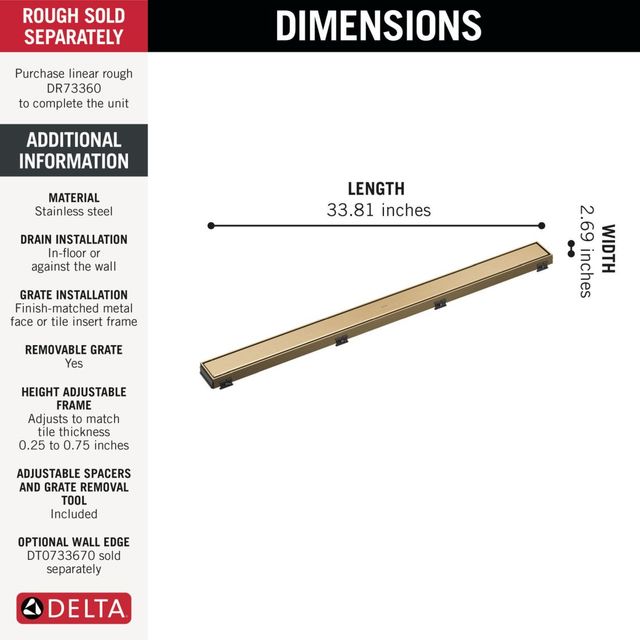 Delta Champagne Bronze 36" Reversible Linear Shower Drain Trim-2