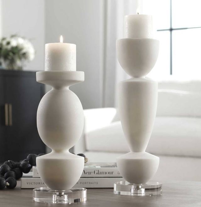 Uttermost® Lido 2-Piece White Stone Candleholders Set-1