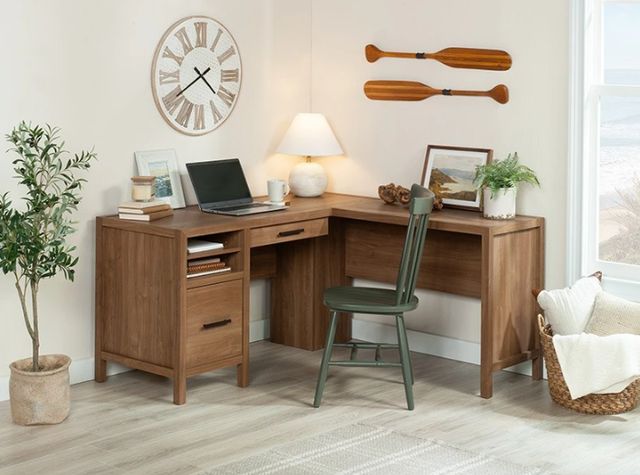 Sauder® Pacific View® Saddle Walnut™ L-Shaped Desk with Storage-1