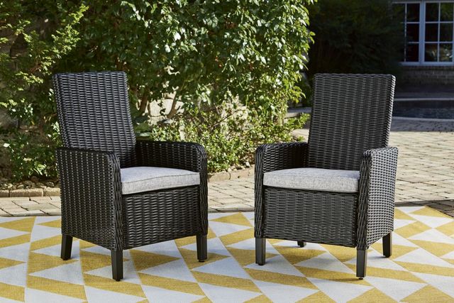 CLOSEOUT Signature Design by Ashley® Beachcroft 2-Piece Black/Light Gray Fabri/Resin Outdoor Dining Arm Chair with Cushion-1