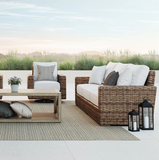 Sunset West Havana Aged Tobacco Resin Wicker Outdoor Sofa with Canvas Flax Cushion-3