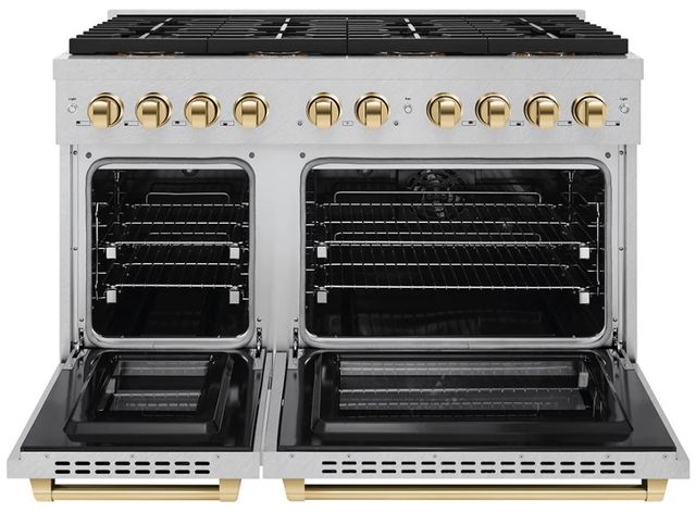 ZLINE Autograph Edition Paramount 48" 6.7 Cu. Ft. Satin Stainless Steel Dual Fuel Range with 8 Burner DuoPro™ Cooktop and Dual Ovens in Polished Gold Accents-3