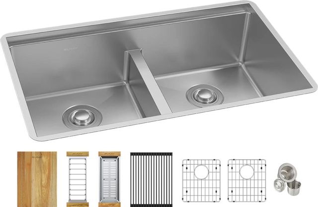 Elkay Crosstown® 9-Piece Polished Satin 31-1/2" x 18-1/2" x 9" Equal Double Bowl Sink Set with Aqua Divide-0