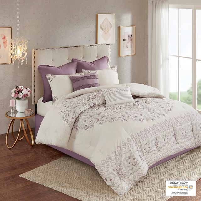 Olliix by Madison Park 8 Piece Purple Queen Elise Cotton Printed Reversible Comforter Set-0