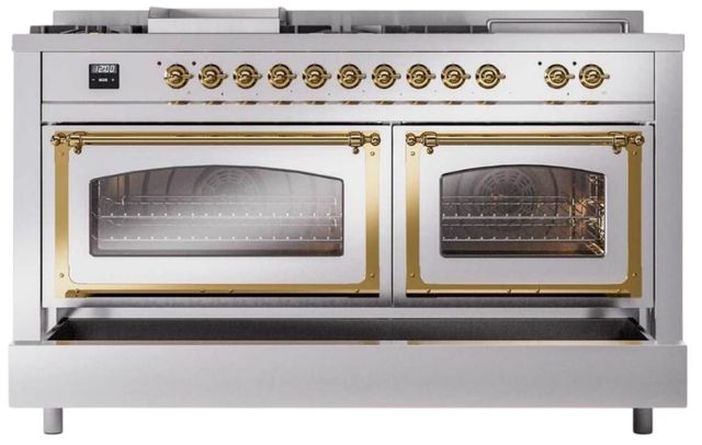 Ilve® Nostalgie II Noblesse 60'' Stainless Steel Pro Style Dual Fuel Range with Brass Trim-3